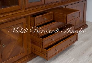 LB55 Walnut Bookcase Raised Base Inlaid Doors Glass Doors 11 Drawers